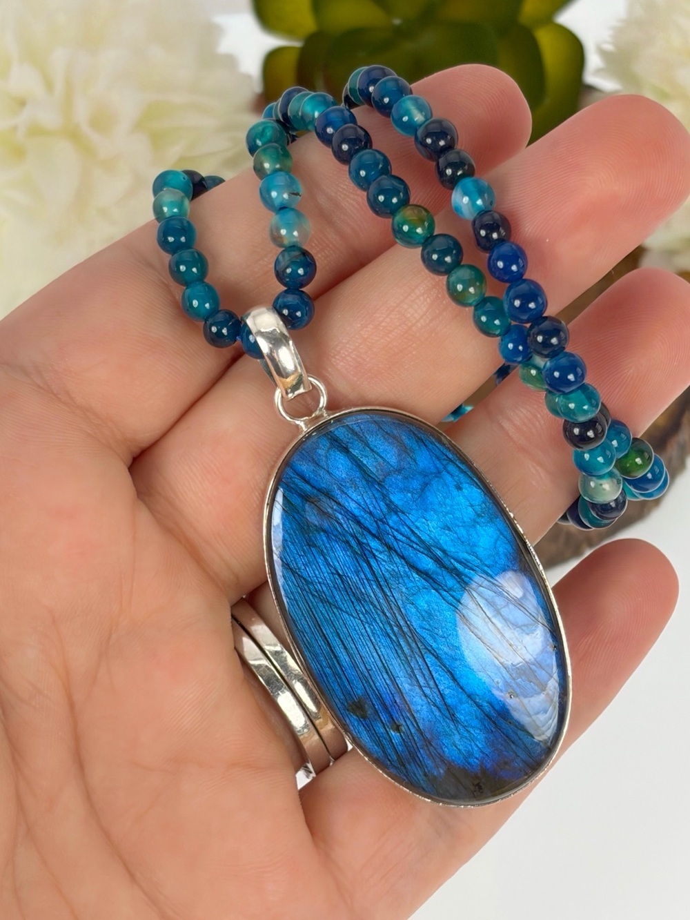 Large Pure Sterling Silver 925 Blue Labradorite Pendant Necklace Southwest New